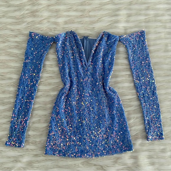 Lucy in the Sky Blue Sequins Velvet Off Shoulder Long Sleeve Bodycon Mini Dress - Picture 5 of 16